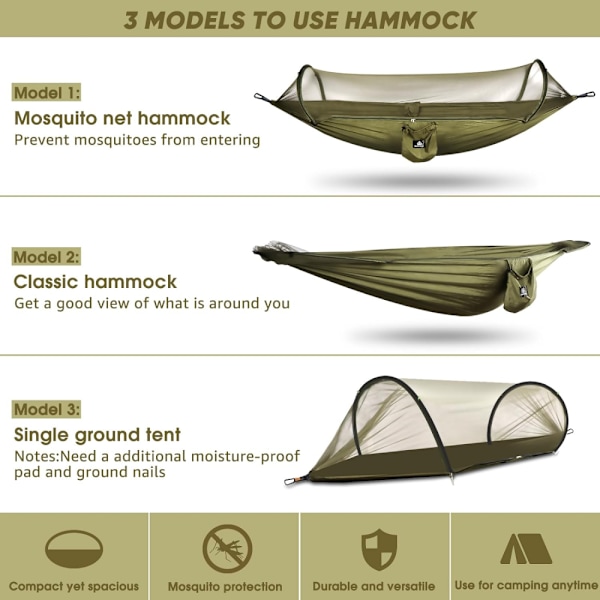 Ultralight Travel Hammock Mosquito Net Hammock | Kantavuus 300 kg, hengittävä nylon | Mukana 2 korkealaatuista karabiinia, 2 nylo Army Green