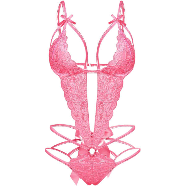 teddy Dam djup V-spets Teddy One Piece Lingerie Cutout Strappy Lingerie Rosa X-Large