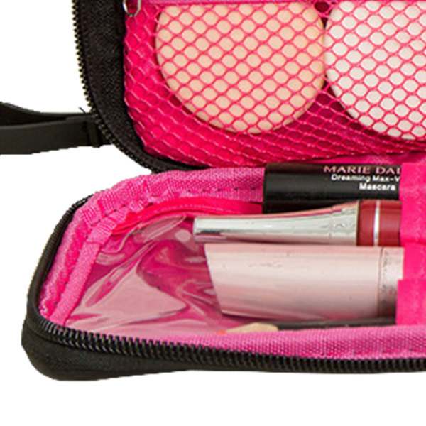 Makeup taske med dobbelt lynlås lukning sort indvendig pink rum