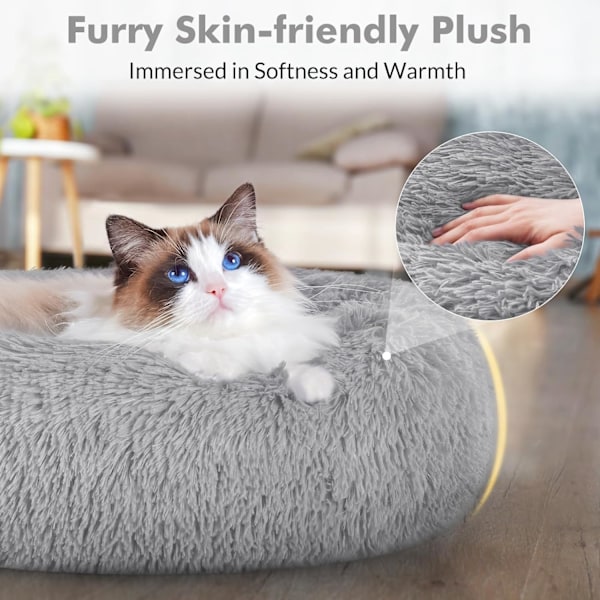 Kattsängar för inomhuskatter, 50 cm Kattsäng Maskintvättbar, Fluffig Rund Djursäng Halksäker, Självvärmande för Små Hundar Kattungar, Ljusgrå, Medium