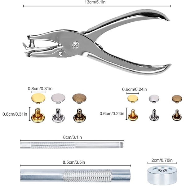 Lædernitter 240 sæt 3 størrelser Dobbelte nitter rørformede metalnitter