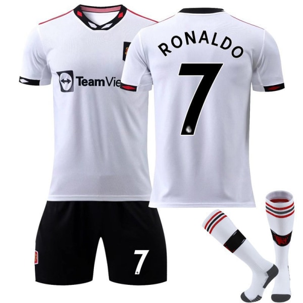 22-23 Røde Djævle udebane hvid trøje nr. 7 Ronaldo fodbolduniform 25 Sancho 10 Rashford børnesæt med sokker Man L Away No. 18 + Socks L