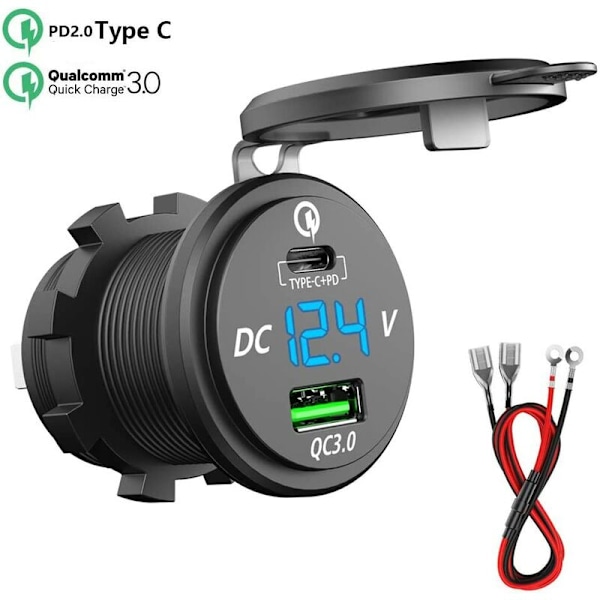 Newest 12V 24W 12V USB C Car Charger Socket 16W PD and Dual 18W QC3.0 Car USB Socket 12V with Power Waterproof Mu