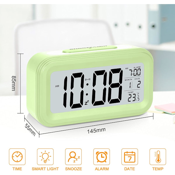 Vekkerklokke 4,3\" LED-skjerm, Digital vekkerklokke med batteridrift, Snooze, Enkel å bruke, Temperaturkalender, 12/24 timer, Lysstyringsport Green