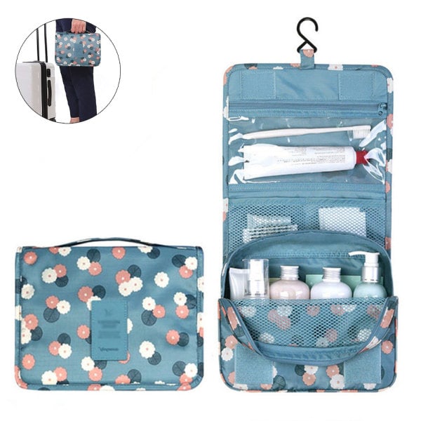 1pc Hanging Toiletry Bag - Large Cosmetic Makeup Travel Blue Flowers