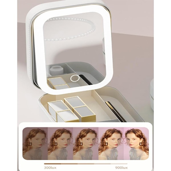 Makeuptaske med spejl, rejsemakeup-organizer med LED-spejl, bærbar kosmetikpose med 3 farver justerbar lysstyrke Pink