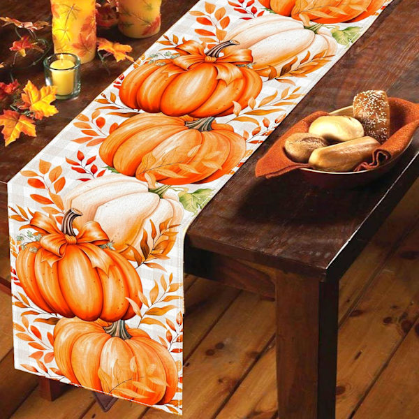 Pumpkins Leaves Fall Pöytäjuoksin, Valkoinen ja Harmaa Buffalo Plaid Kiitospäivän Pöytäjuoksin, Kausimainen Maalaistalon Sisustus Syksyn Koristeet Kotiin Pumpkins Leaves