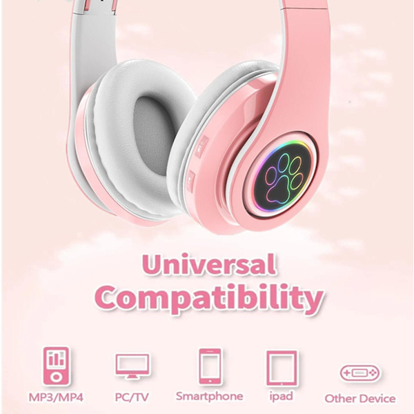 Pink bluetooth-hovedtelefoner, trådløse kattehovedtelefoner egnet til børn og piger