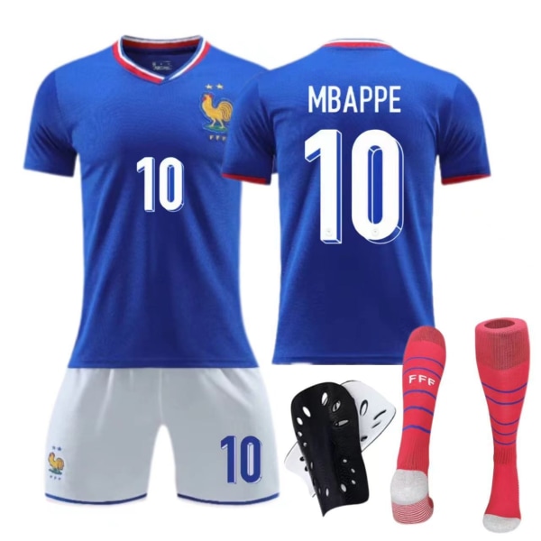 Europacup Frankrike hemmatröja 2024 Barn Vuxen Set nr 10 Mbappe fotbollströja No. 10 socks + protective gear XL