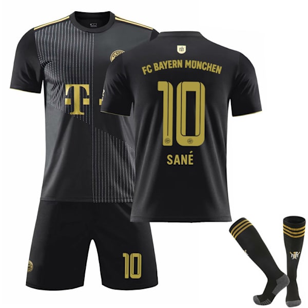 Bayern München Bortetrøye 21-22 Svart Nr. 25 Müller Jersey Nr. 9 Lewandowski Fotballdrakt Nr. 10 Sane Gullskrift Bayern away No. 10 socks XL#