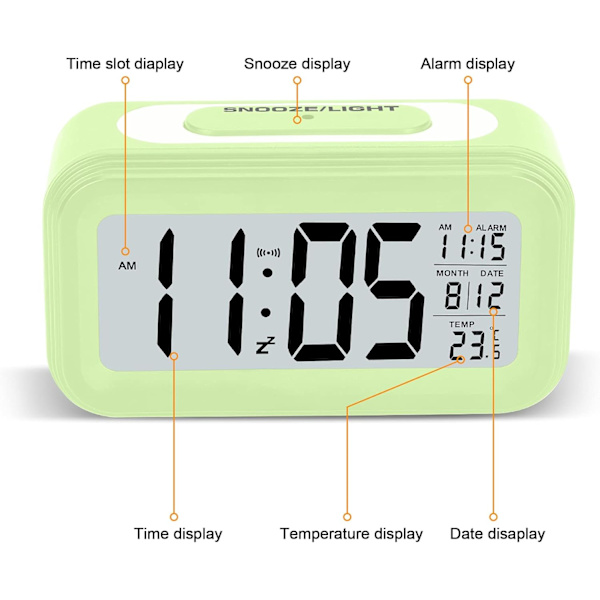 Växlarm 4,3\" LED-display, digital väckarklocka med batteridrift, snooze, enkel att använda, temperaturkalender, 12/24 timmar, ljuskontrollport Green