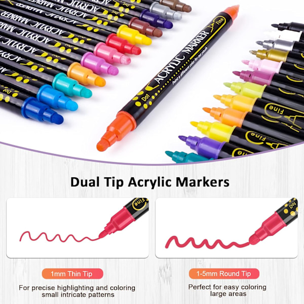 24 Farver Dobbelt Tip Akrylmalingspenne til DIY Håndværk - Premium kunstforsyninger til maling på træ, lærred, sten, glas og keramiske overflader 24 pcs
