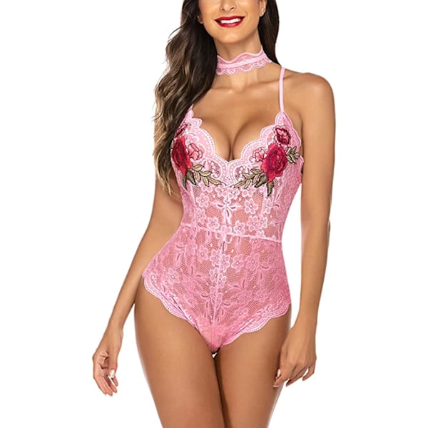 ME Teddy Lingerie til kvinder Dyb V Teddie Bodysuit Blonde Ét stykke Lingerie Broderet Mini Bodysuit med Choker Pink XX-Large