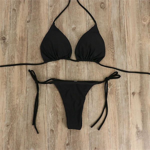 Naisten erittäin ohut joustava stringibikinisetti, seksikäs yksivärinen uimapuku, side-tyylinen brasilialainen uima-asu C XL(FQ) XL Black