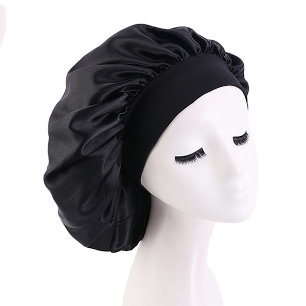 Mote stort satin silkebonnet søvn nattlue hodedeksel Black