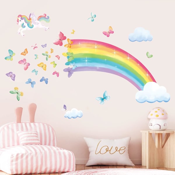 Regnbue Wall Decals Enhjørning Regnbue Sommerfugle Skyer Wall Decals Baby Piger Soveværelse Stue Wall Decals