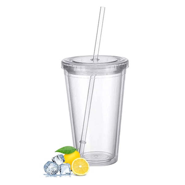 Reusable Plastic Cups Double Wall Transparent Drinking Cup With Straw Reusable Cups Suitable For Fruit Juice