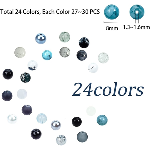 24 färger 8 mm runda glaspärlor, 720 st svart vit armband Bea
