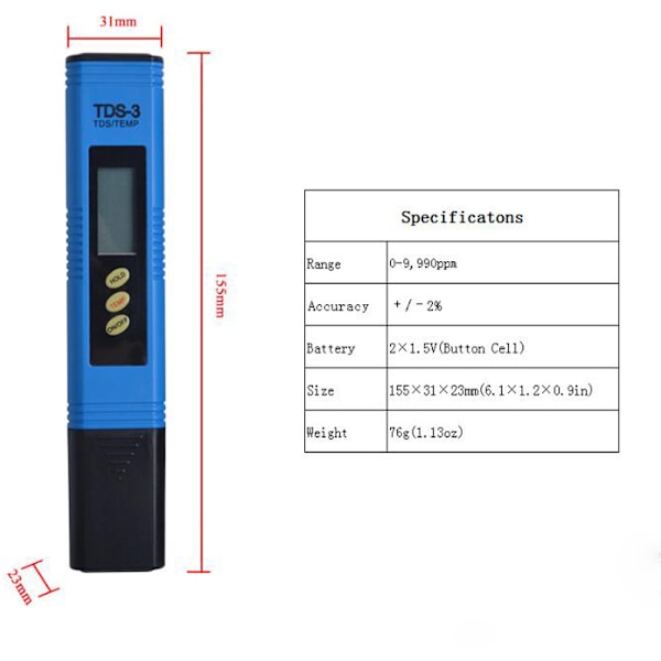 PH-meter TDS EC PH temperatur 4 i 1 sæt Høj nøjagtighed vandkvalitetstester Pooltester Vandtester med LCD-display Digital TDS