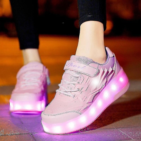 Kid Wheels Shoes Roller Skate Shoes 2 Wheels Child Deform Sneakers Outdoor Sport Deformation Parkour Runaway Boy Girl Youth Gift Pink Pink 37