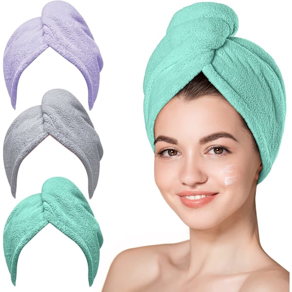 3-pack torkhandduk för hår, supersugen snabb torkande hårmössa Lila grå grön 25*65cm color,size