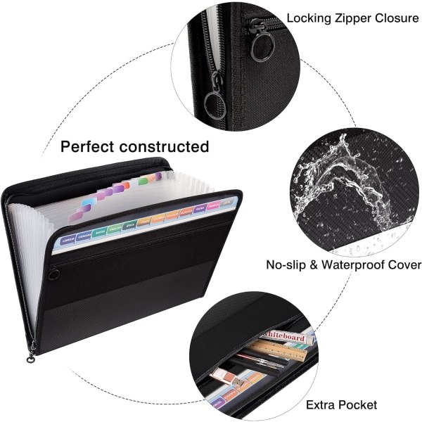 Fil A4, 13 rum Dokumentmappe Filmappe Sorteringsmappe med lynlås, dokumenttaske Etui Lever Arkivmappe og stærk plast til Off Black Expanding Folder