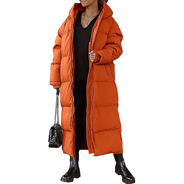 Women Long Quilted Coat, Hooded Length Long Sleeve Puffer Jacket Orange L