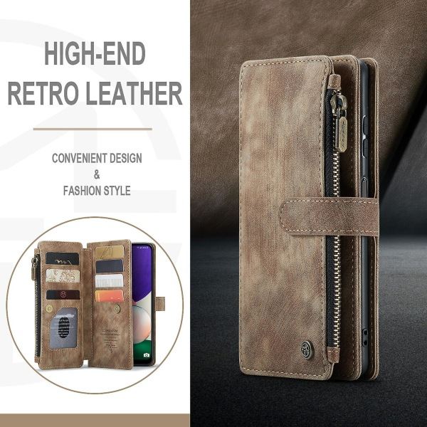 SQBB Etui til Samsung Galaxy A22 5g Cover Wallet Holdbar PU Læder Magnetisk Flip Lynlås Kortholder - Brun Brun ingen