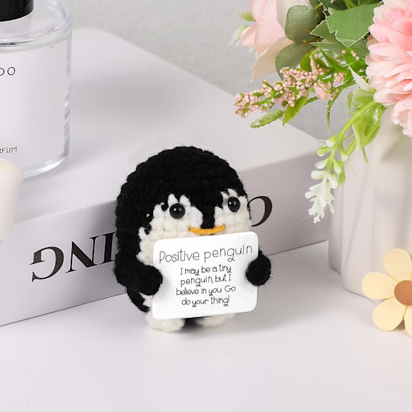 Mini morsom positiv pingvin, strikket leketøy med positivt kort følelsesmessig støtte hekledukke jubelgave for familie venner Black Penguin