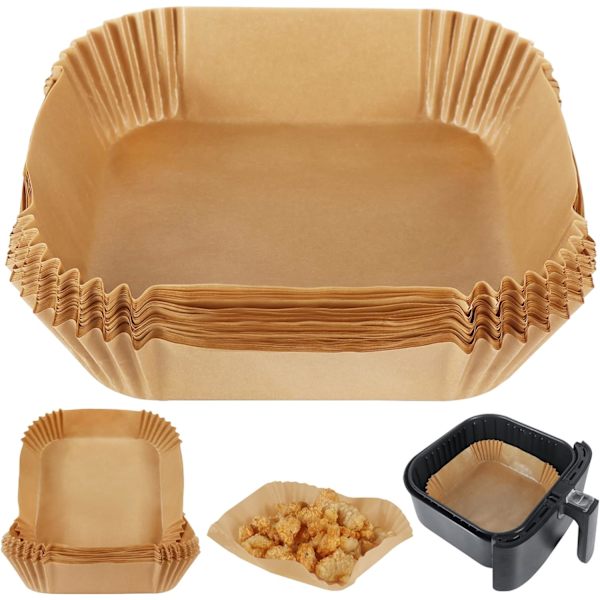 Air Fryer Pergamentpapir Liner, 50 stk firkantede liners engangs fettsikkert for frityrkoker