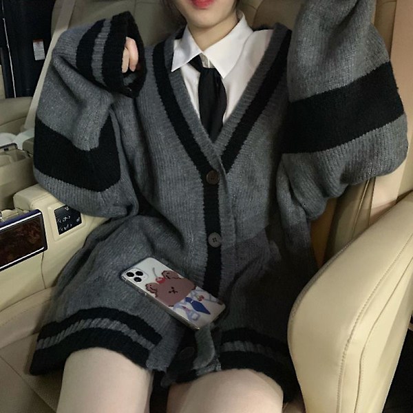 Syväkaupunki Harmaa Raidallinen Neuletakki Cardigan Naiset Korealainen Tyyl Harajuku Ylisuuri Pusero Preppy Muoti Naisten Topit Talvi