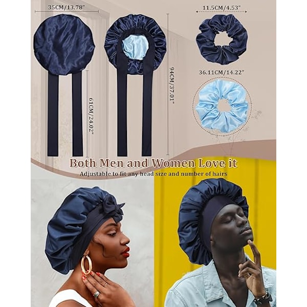 Satin Bonnet för Sömn Kvinnor Dubbellager Hårhatt med 2 st Hårsnoddar Elastiskt Band Nattmössa