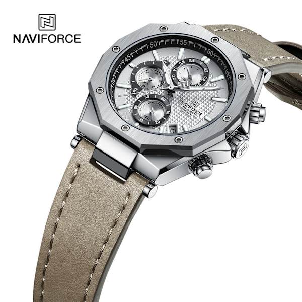 Sport Man Wristwatch Top Brand Luxury Grå Militär Chronograph Äkta Läder Quartz Man Klocka Presen NA802806 with box