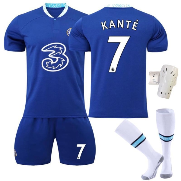 22-23 Chelsea hemma nr 9 Aubameyang 7 Kante 10 Pulisic fotbollsuniform set 19 Mount jersey Size 7 with socks + protective gear #M