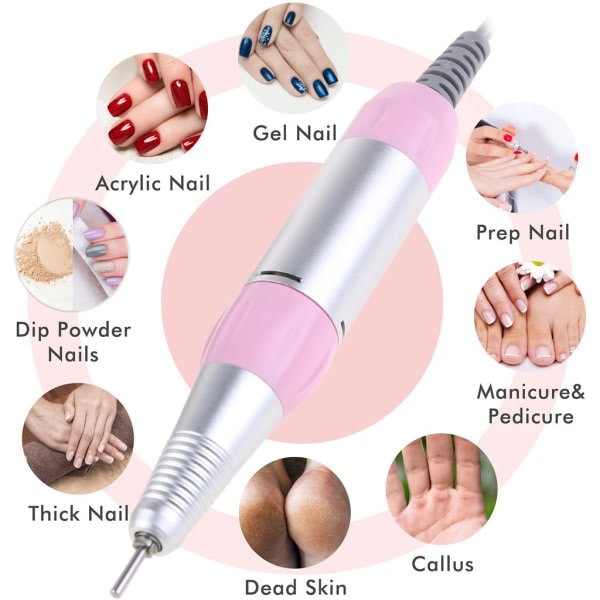 Elektrisk neglborremaskin med 3/32'' neglborr 6 stk for akrylnegler gel negl glasering Profesjonell 30000 o/min Rosa