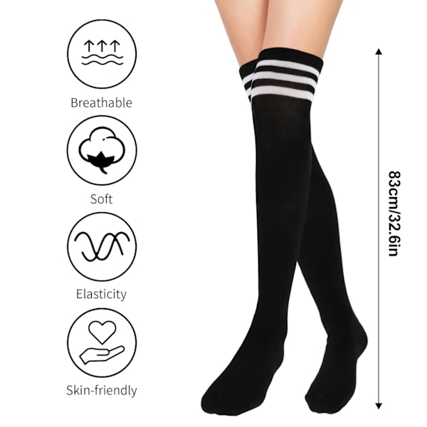 Stripete over-the-knee-strømper, bomullsstripete leggings casual boots-strømper for cosplay casual wear, (1 par svart, 1 par hvitt)