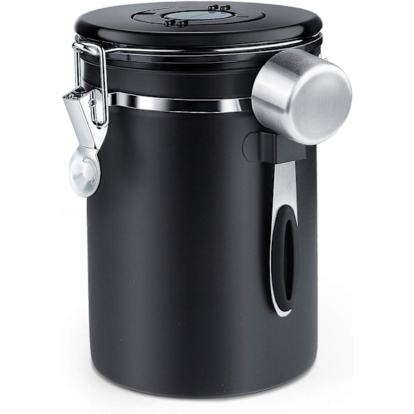 Lufttæt kaffedåse - Kaffebønnebeholder med CO2-ventil - med måleske - 1,8 L (sort) (FQ)