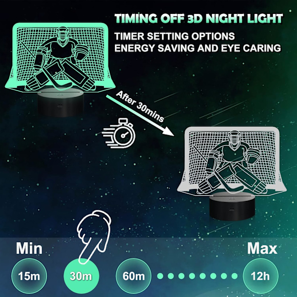 Ishockey Nattlampa, Hockeymålvakt 3D Lampa 16 Färgväxlande med Fjärrkontroll och Timer, Herrarnas Ishockey Dekoration E1116-507