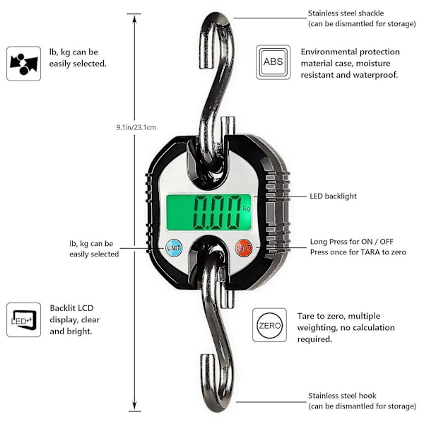 Bagagevægt Kranvægt 150kg Dobbelt Præcision Elektronisk Digital Krogvægt Mini LCD Ring Hængende Vægt Bagagevægt (Sort)
