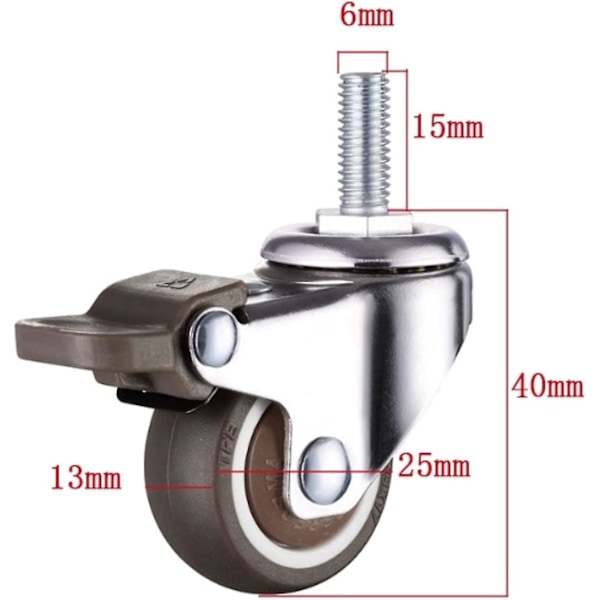 Pakke med små møbelhjul 25mm blød TPE gummi M6 x 15mm gevind (2stk med bremse) (25mm)