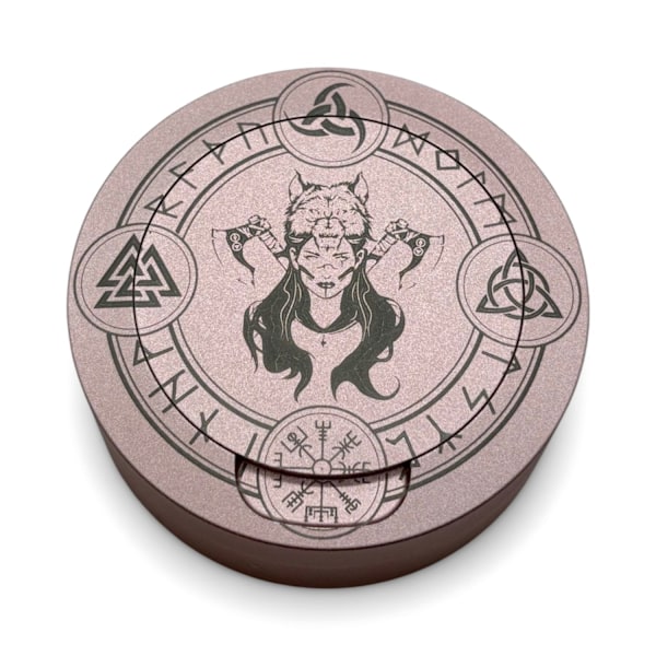 Snusdosa i rosa aluminium med kvinnlig vikingssymboler Pink Rosa