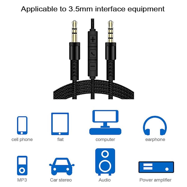 1,2 m 3,5 mm - 3,5 mm uros-uros stereokaiutin AUX-kaapeli kuulokkeiden johto painonappitilavuuden säätimellä ja mikrofonilla White