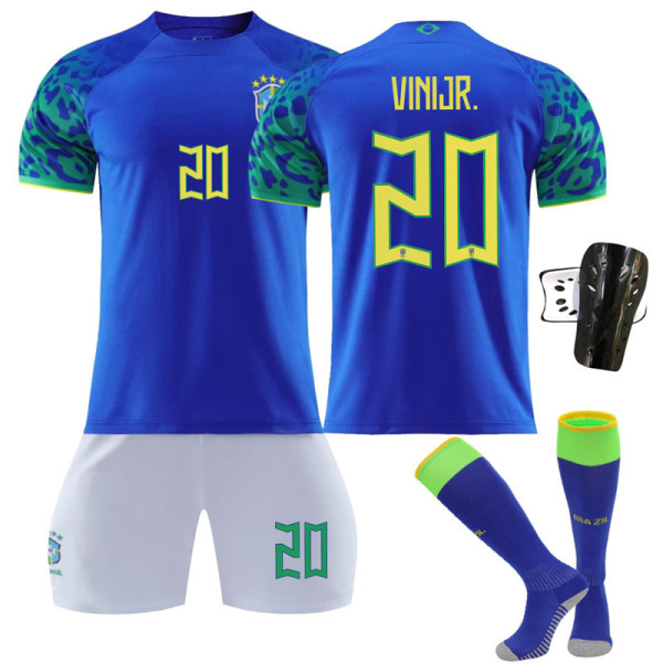 22-23 Brasilien borta blå nr 20 Vinicius 10 Neymar 18 Jesus tröjset fotbollströja No. 20 with socks + protective gear #2XL