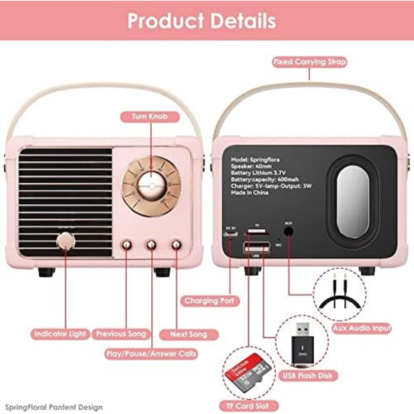 Retro Bluetooth-kaiutin, Langaton Vintage Pieni Kaiutin, Hands-Free Puhelut, 400mA Akku, TF-kortti, Aux-liitäntä, Kannettava Kaiutin iOS- ja Android-älypuhelimille