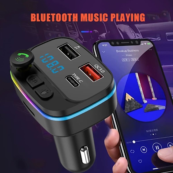 Auton Bluetooth FM-lähetin, Auton Bluetooth-sovitin, Radio MP3 -soitin, 2 USB-porttia 5V/3A, 20W QC3.0+Type C PD Nopea auton laturi, Handsfree-auto