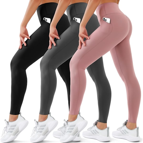 3-pakning med leggings for kvinner - Høy midje, magekontroll, yoga, ikke gjennomsiktige bukser, treningstights - små og store størrelser…