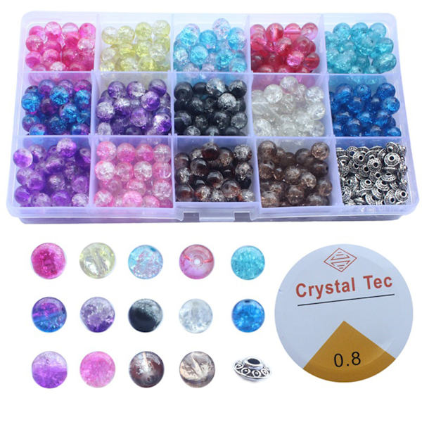 350 st 14 Färger 8mm Spruckade Lampwork Runda Glaspärlor med 50 st Silveravståndshållare Stretch Snöre Kit för DIY Smycken