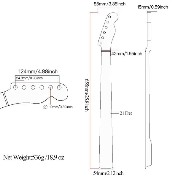 Lønnehals til Elguitar, 21 Bånd, Kompatibel med TL Tele Udskiftning 0.7