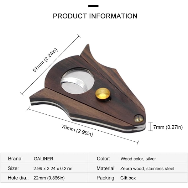GALINER-sikariveitsi, lukitusjärjestelmä, puu, ruostumaton teräs, kaksiteräinen sikarileikkuri, lahjapakkaus