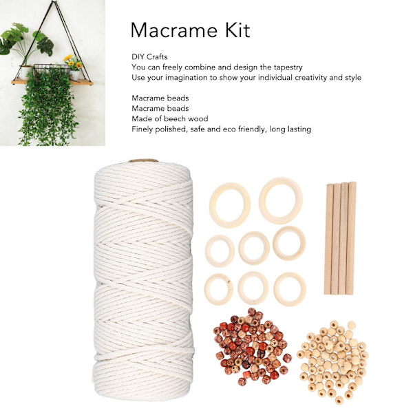 JFJC Macrame-kit för nybörjare Bomullsmacrame-sladd med träpärlor Träringar Macrame-växthängarkit Macrame-tillbehör